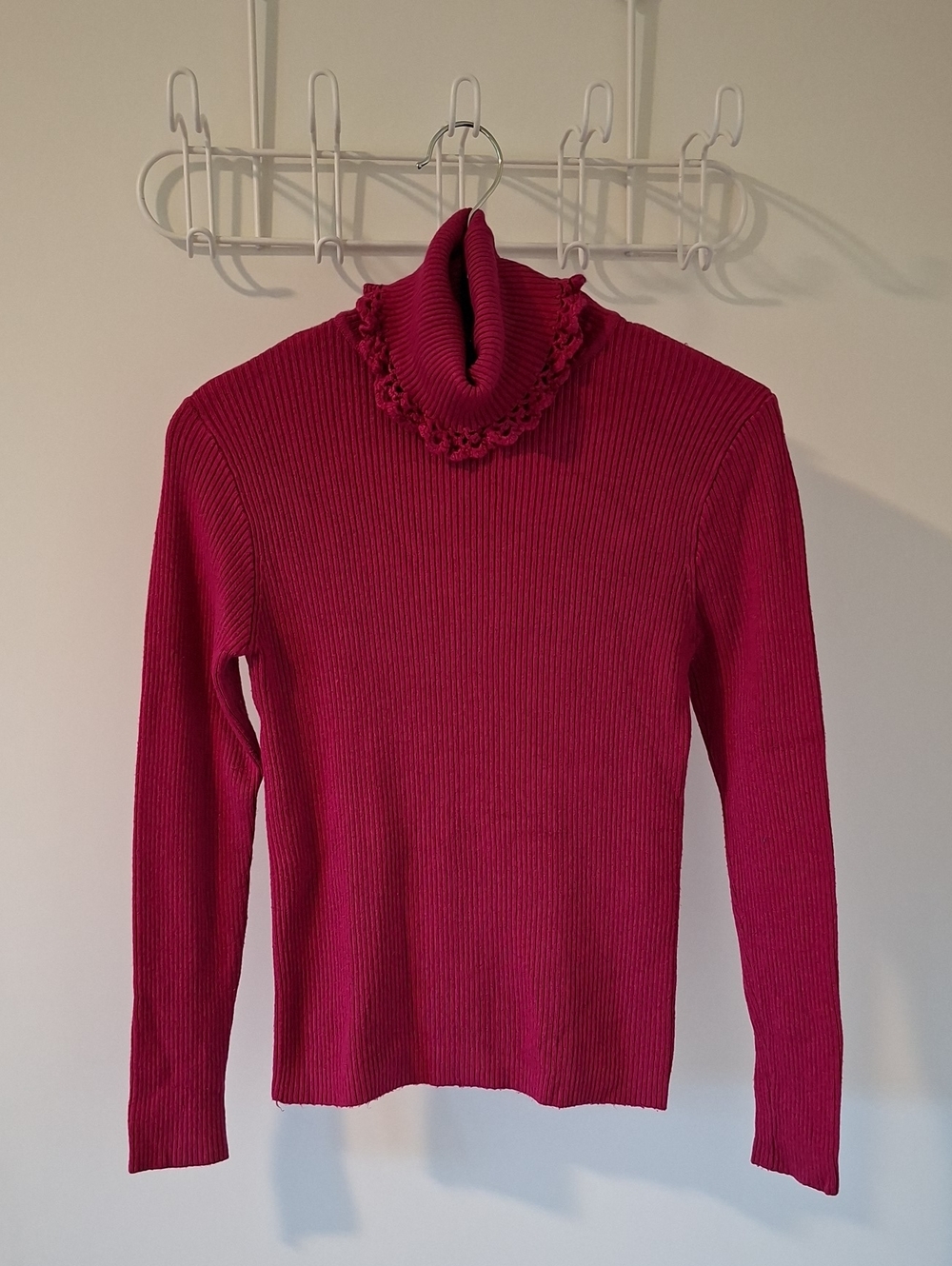 Vibrant Fuchsia Super Soft Rib-knit Crochet Detail Turtleneck (Size XS/S)